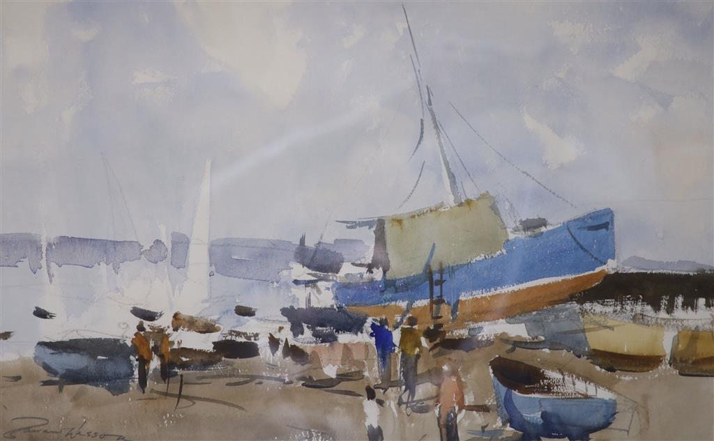 Edward Wesson (1910-1983), watercolour, Boatyard scene, signed in pencil, 31 x 49cm